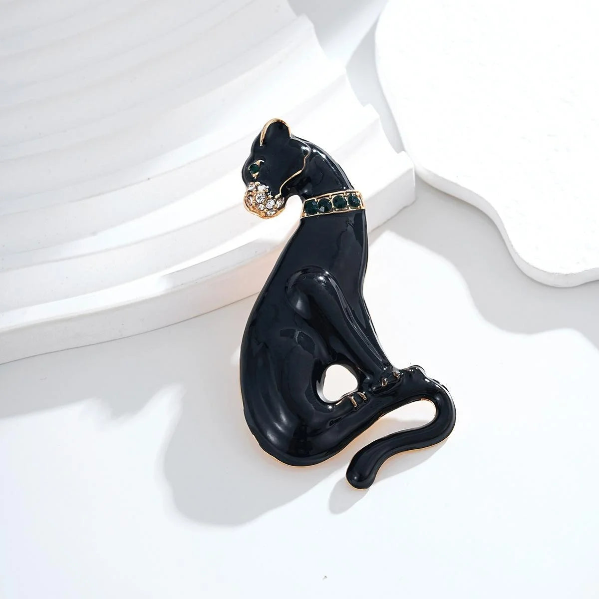 Luxury Black Panther Enamel Brooch With Rhinestone Collar, Elegant Animal Lapel Pin Suit Accessory