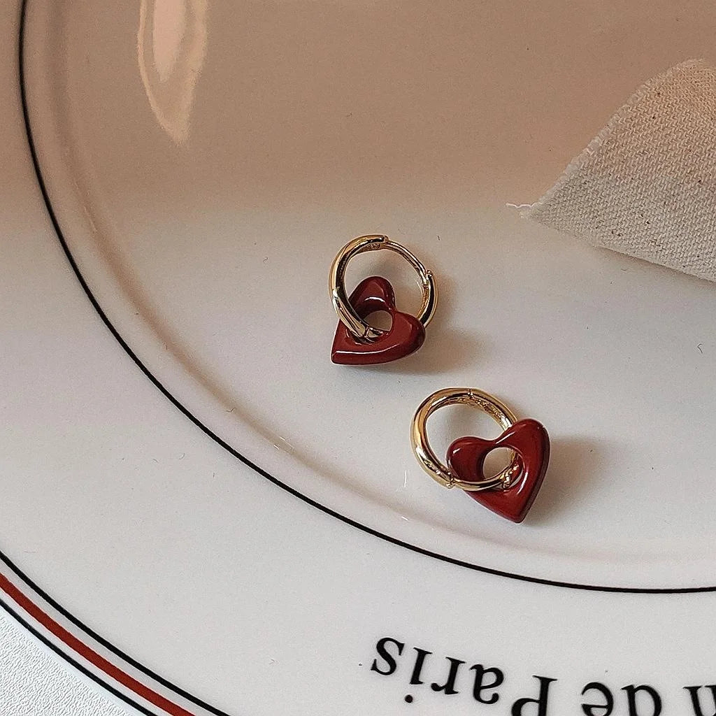 Flamenco Red Enamel Heart Copper Drop Earrings French Style Two Way Ear Cuff Jewelry