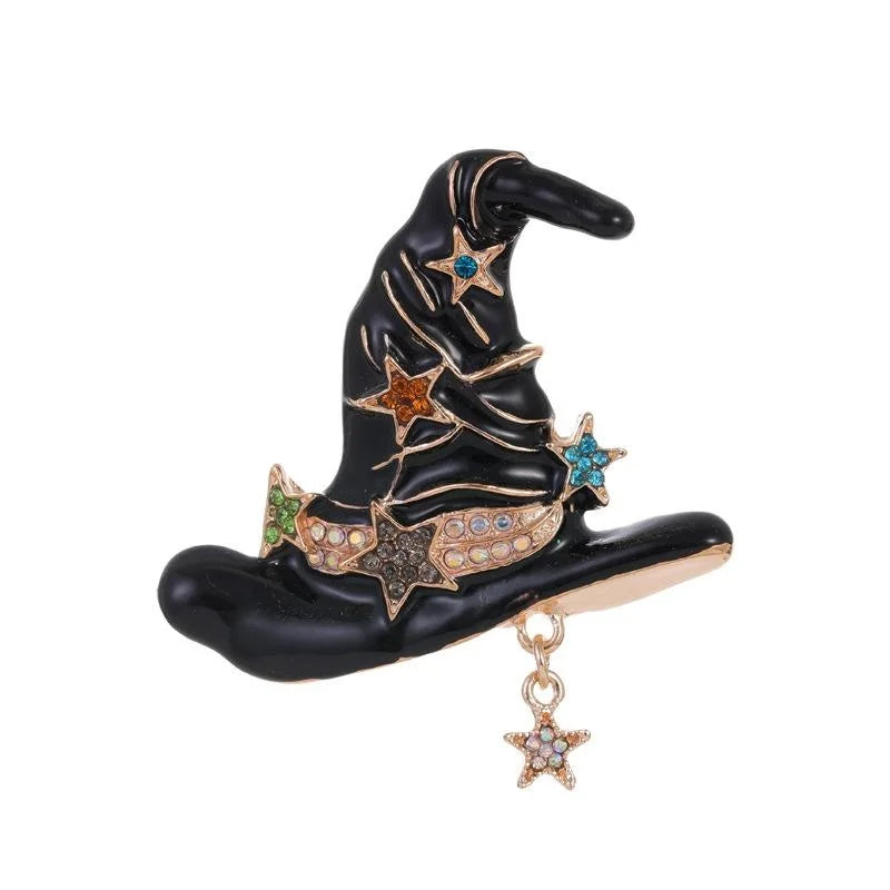 Vintage White Enamel Wizard Hat Brooch With Rhinestone Stars, Halloween Alloy Lapel Pin Gift