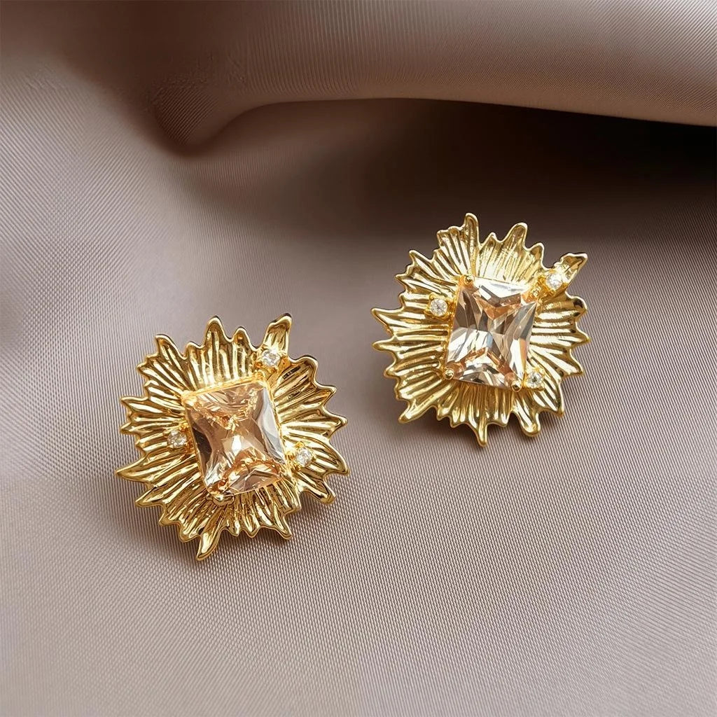 14K Plated Copper Zircon Geometric Flower Stud Earrings For Elegant Office Wear