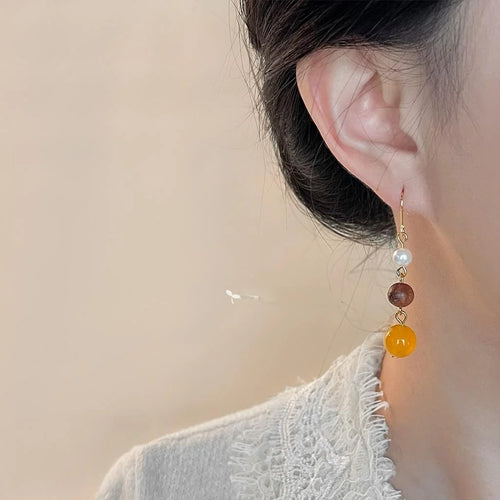 Vintage Ethnic Natural Stone Long Tassel Drop Earrings Handmade Geometric Round Oval Jewelry
