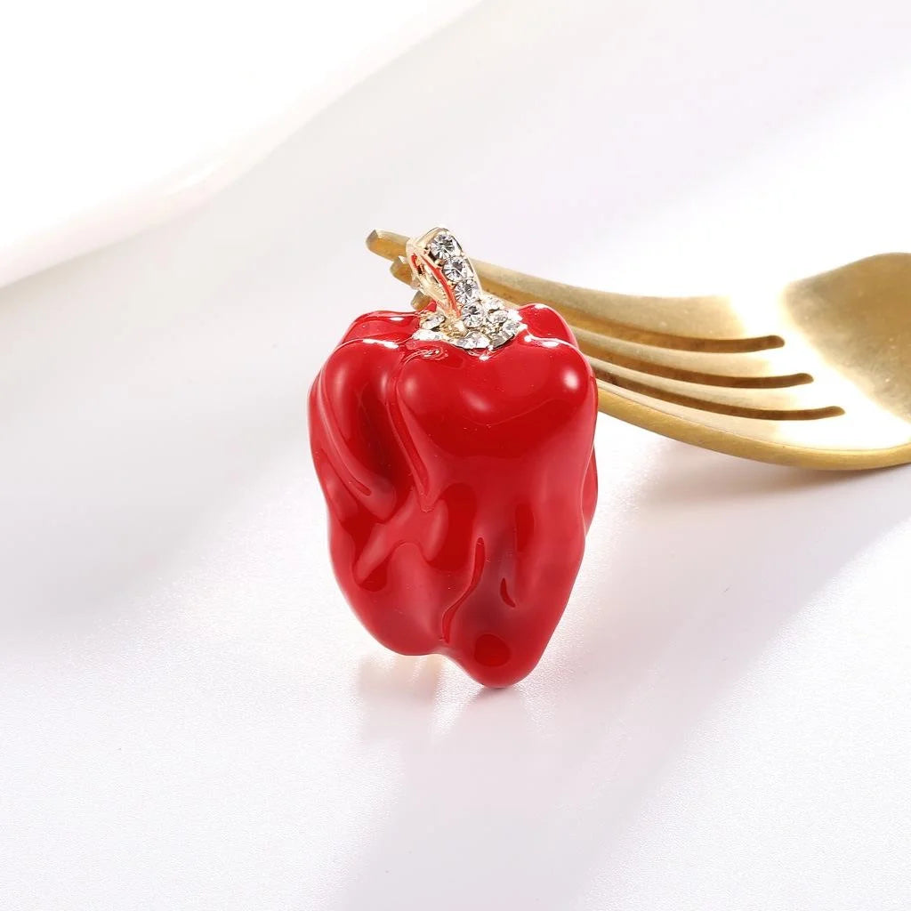 Elegant Red Chili Pepper Enamel Brooch With Rhinestone Stem, Creative Vegetable Lapel Pin Corsage Gift