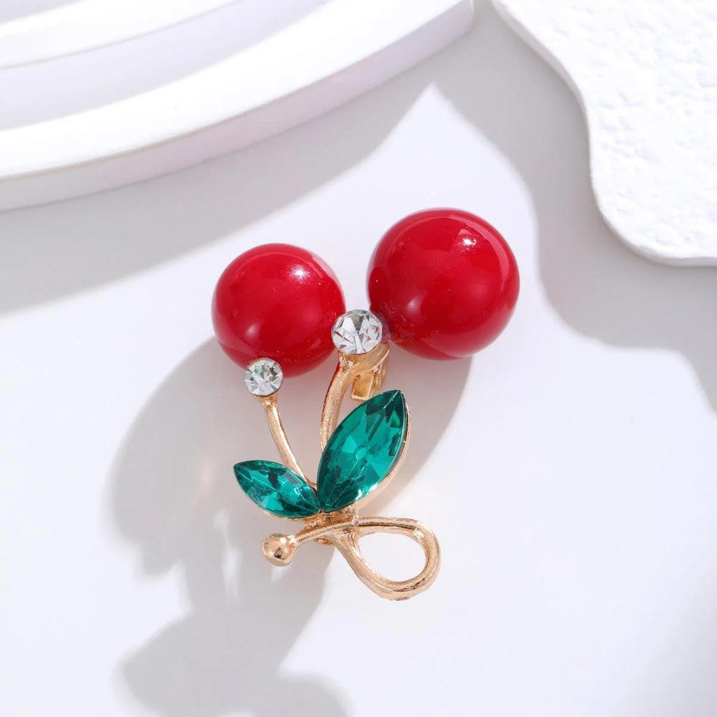 Cute 3D Cherry Brooch With Rhinestone Crystal Leaves, Gold Alloy Lapel Pin Corsage For Women's Suit Gift