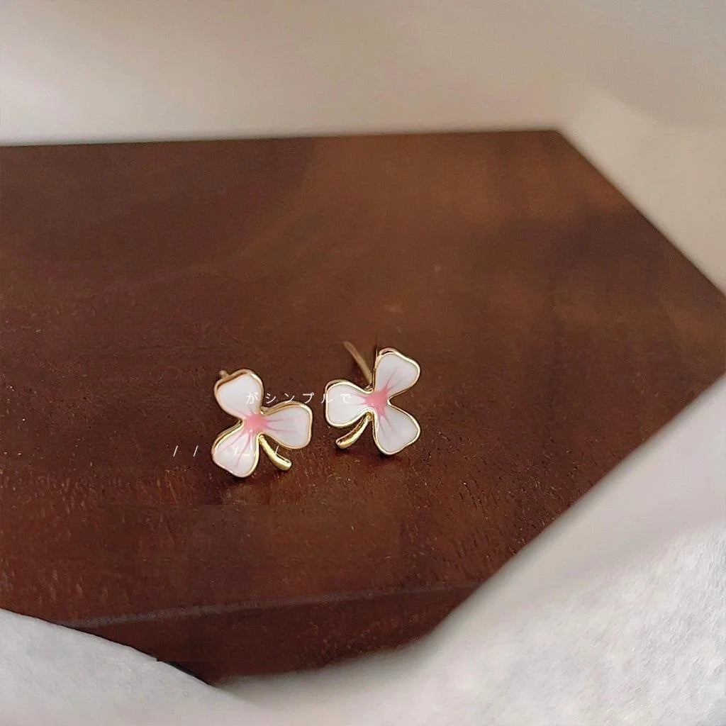 Sweet Enamel Flower Stud Earrings, Mini Copper Pink White Floral Earrings