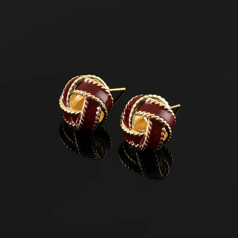 Vintage Red Enamel Concentric Knot Alloy Stud & Clip On No Piercing Luxury Holiday Earrings