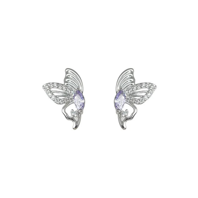 Purple Butterfly Micro Pave Zircon Copper Stud Earrings Elegant Minimalist Style