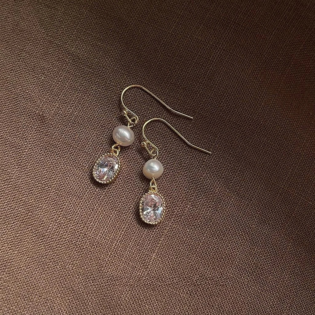 Handmade Freshwater Pearl Copper Geometric Tassel Drop Earrings Light Luxury Jewelry