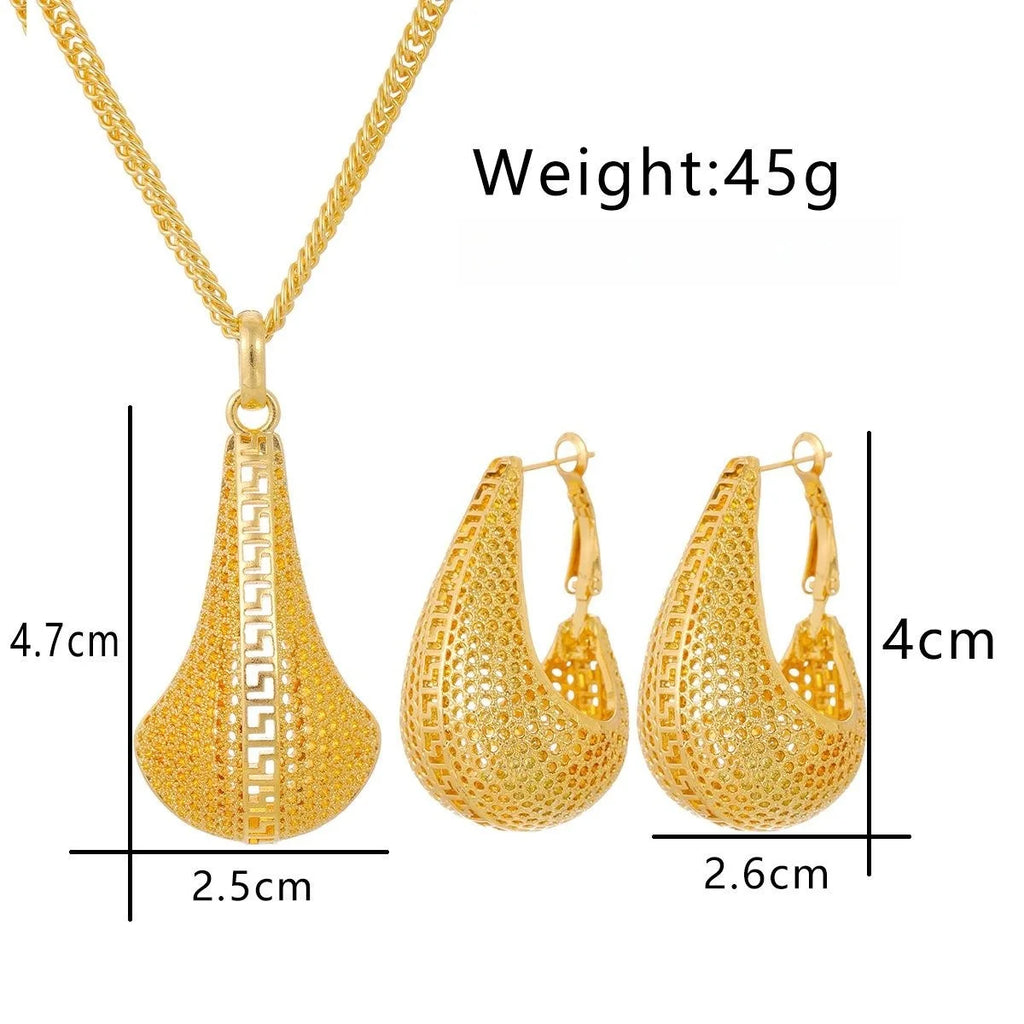 Luxury 24K Gold Plated Alloy Teardrop Necklace And Earrings Jewelry Set With Rhinestones For Bridal Wedding