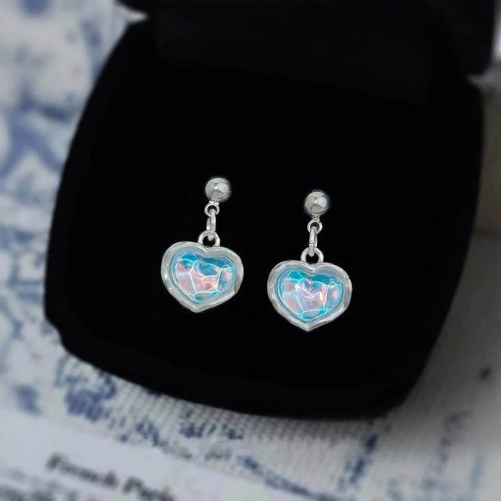 Sea Blue Glass Heart Drop Earrings For Women, Irregular Fresh Vacation Style Jewelry