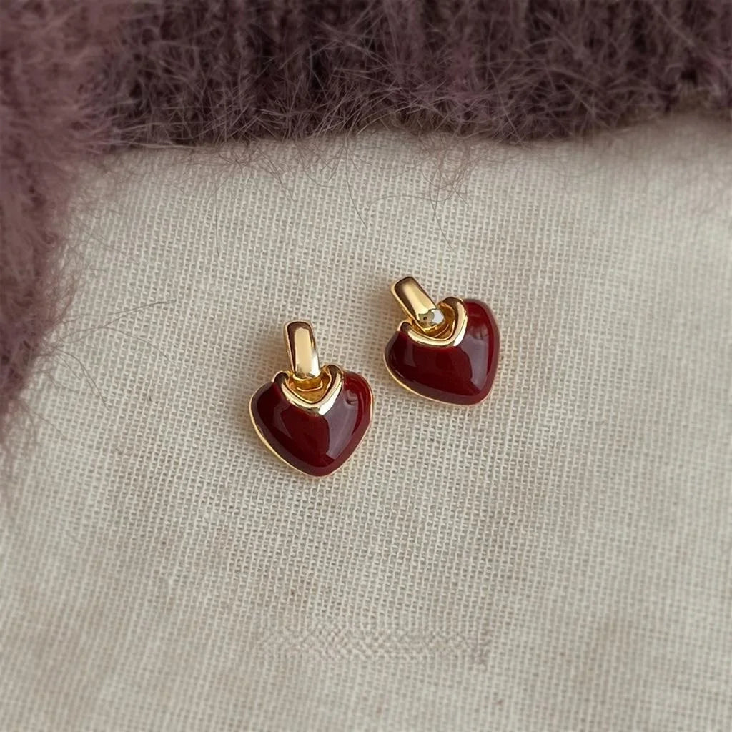 Vintage Hong Kong Style Copper Drip Enamel Heart Geometric Stud Earrings