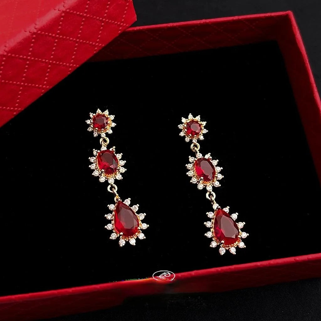 French Vintage Copper Zircon Red Teardrop Long Tassel Drop Earrings