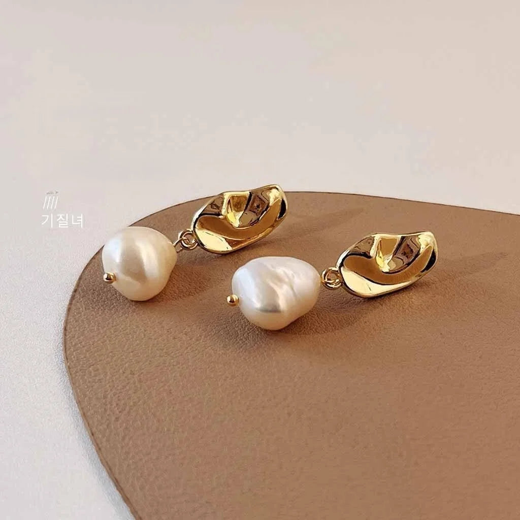 French Irregular Baroque Freshwater Pearl 14K Plated Copper Stud Earrings