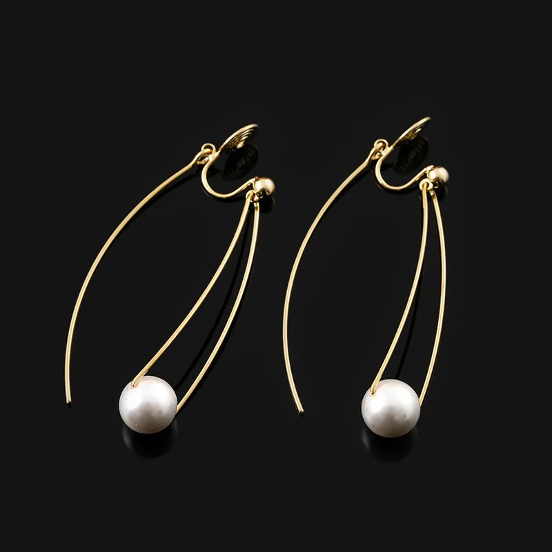 Elegant Spiral Hoop Tassel Pearl Gold Tone Alloy Stud & Clip On No Piercing Minimalist Long Drop Earrings