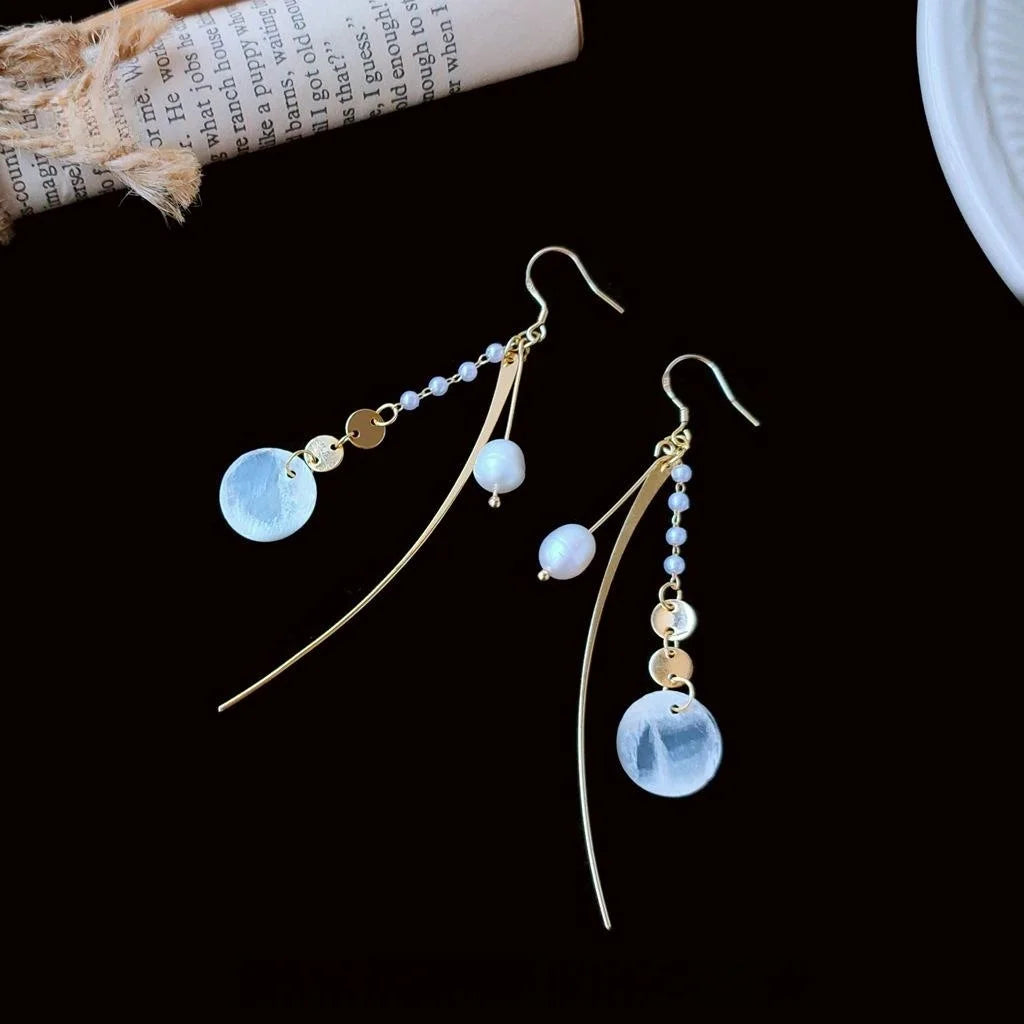 Handmade 14K Gold Plated Copper Natural Freshwater Pearl Shell Geometric Korean Drop Earrings