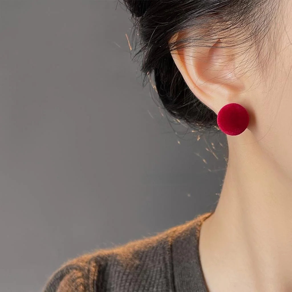 Burgundy Flocked Furry Round Geometric Ball Stud Earrings, Copper
