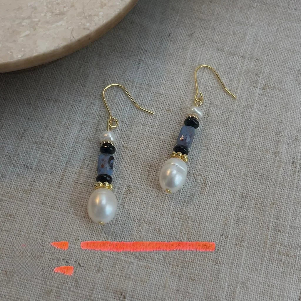 Handmade Natural Freshwater Pearl Drop Earrings Ethnic Retro Navy Blue Geometric Design