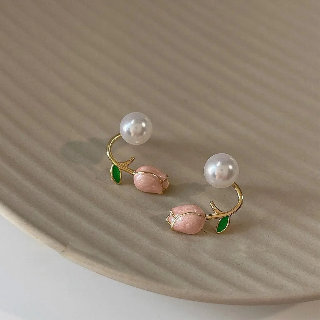 Two Way 14K Plated Copper Tulip Flower Stud Earrings, Elegant Sweet Floral Jewelry