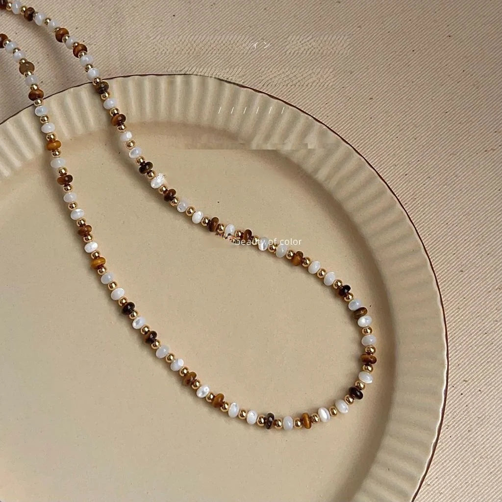 New Chinese Style Copper Tiger Eye Stone Shell Tassel Geometric Choker Necklace