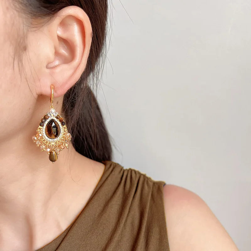 Vintage Ethnic Teardrop Tiger Eye Crystal Pearl Tassel Stud & Clip On No Piercing Earrings