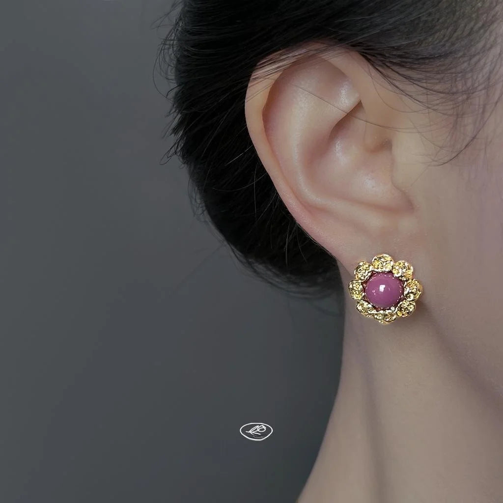 Vintage Court Style Floral Round Copper Stud Earrings, French Elegant Jewelry