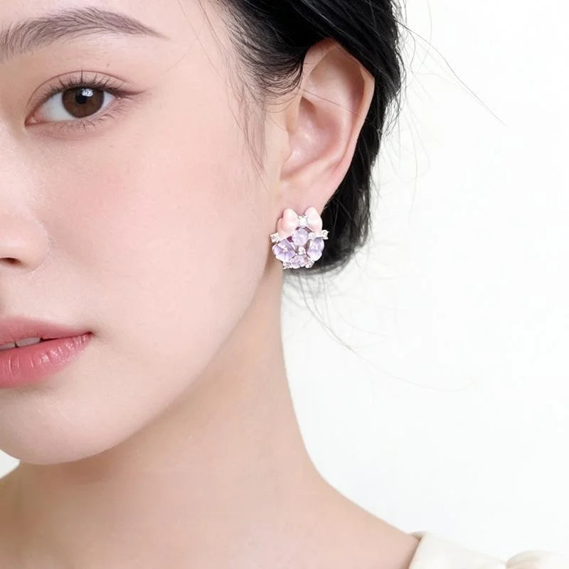 Fresh Sweet Enamel Hand Painted Bow Flower Copper Zircon Stud Earrings