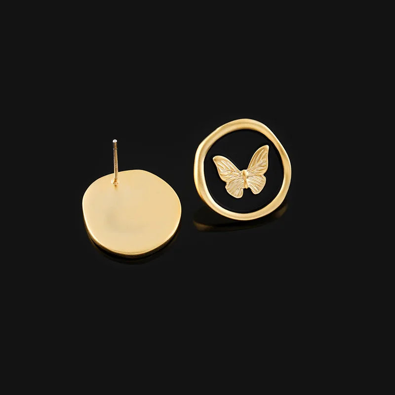 Vintage Matte Gold Alloy Black Enamel Butterfly Round Stud & Clip On No Piercing French Style Earrings