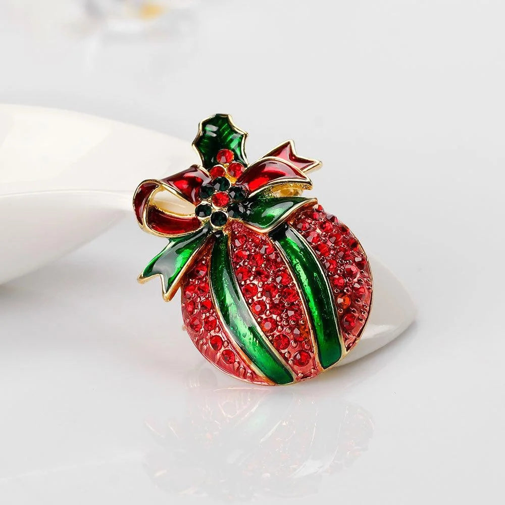 Luxury Christmas Gift Box Rhinestone Enamel Brooch For Women, Elegant Holiday Lapel Pin Suit Accessory