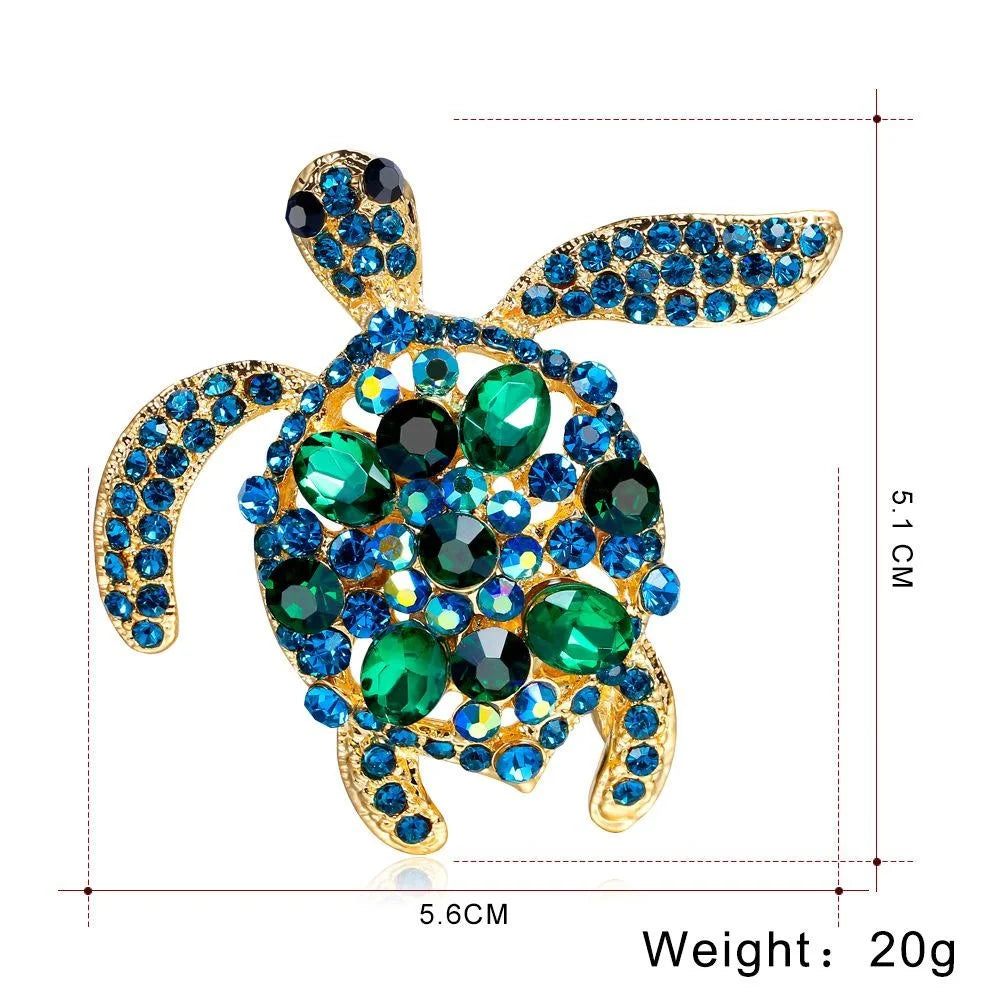 Luxury Sea Turtle Rhinestone Alloy Brooch, Blue Green Crystal Lapel Pin Corsage For Women Suit Gift