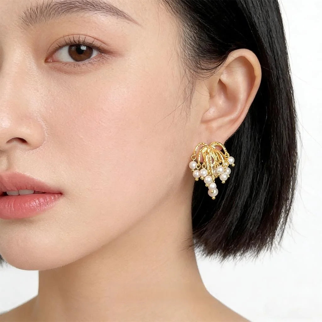 French Vintage Firework Tassel Pearl Drop Earrings For Women