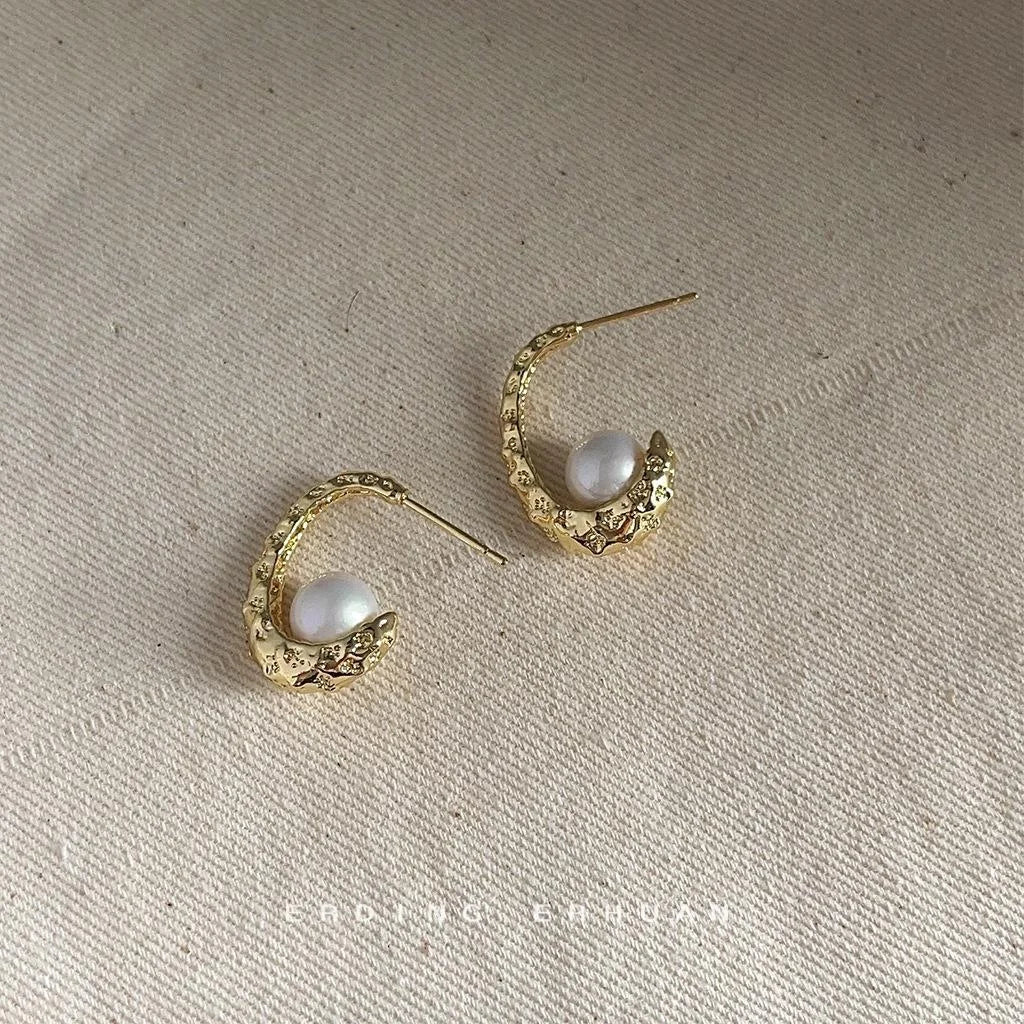 French Vintage Textured Oval Spoon Stud Earrings Copper And Pearl Accent