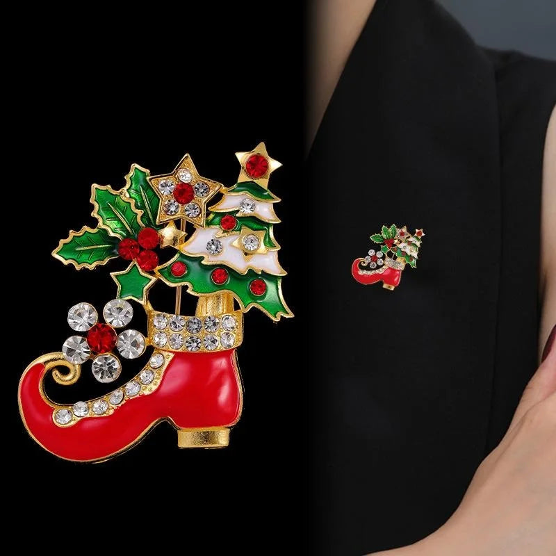 Elegant Christmas Boot Brooch With Enamel Holly Tree And Rhinestones, Alloy Lapel Pin Corsage Gift