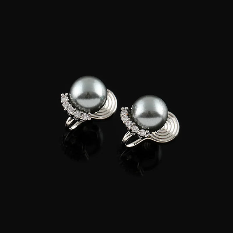 Elegant Luxury Gray Pearl Crescent Zircon Stud & Clip On No Piercing Spiral Ear Cuff Earrings