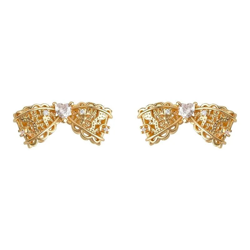 Old Money Style Copper Zircon Heart Bow Stud Earrings With Silver Plated Pins And Hollow Lace Design