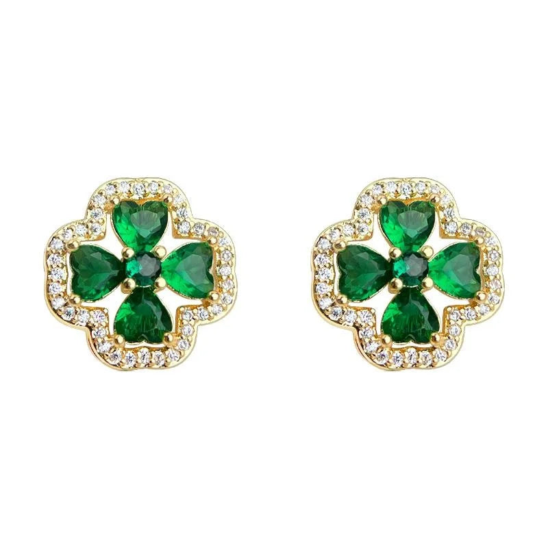 14K Gold Plated Copper Emerald Green Zircon Flower Geometric Stud Earrings Light Luxury