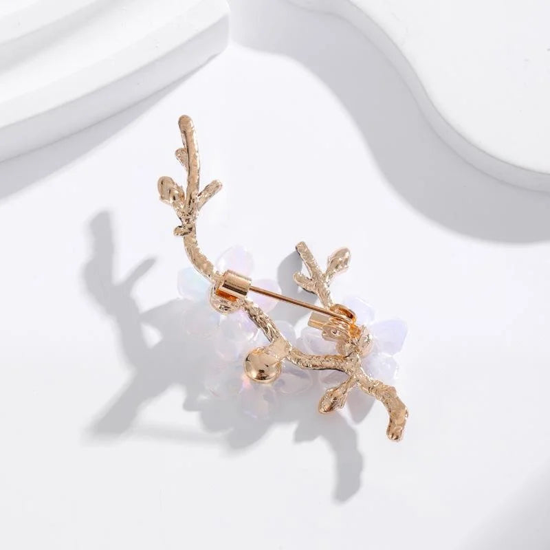 Elegant Plum Blossom Branch Brooch With Mother Of Pearl Petals And Rhinestone Centers, Luxury Lapel Pin Gift