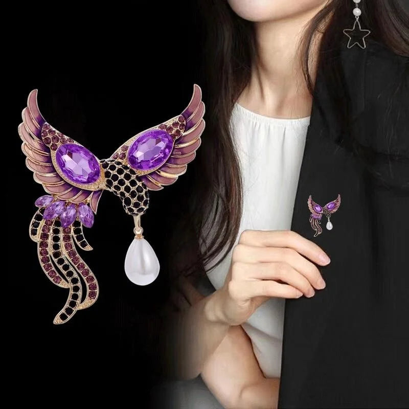 Luxury Phoenix Bird Brooch With Purple Rhinestones, Enamel Wings And Pearl Drop Lapel Pin Suit Accessory