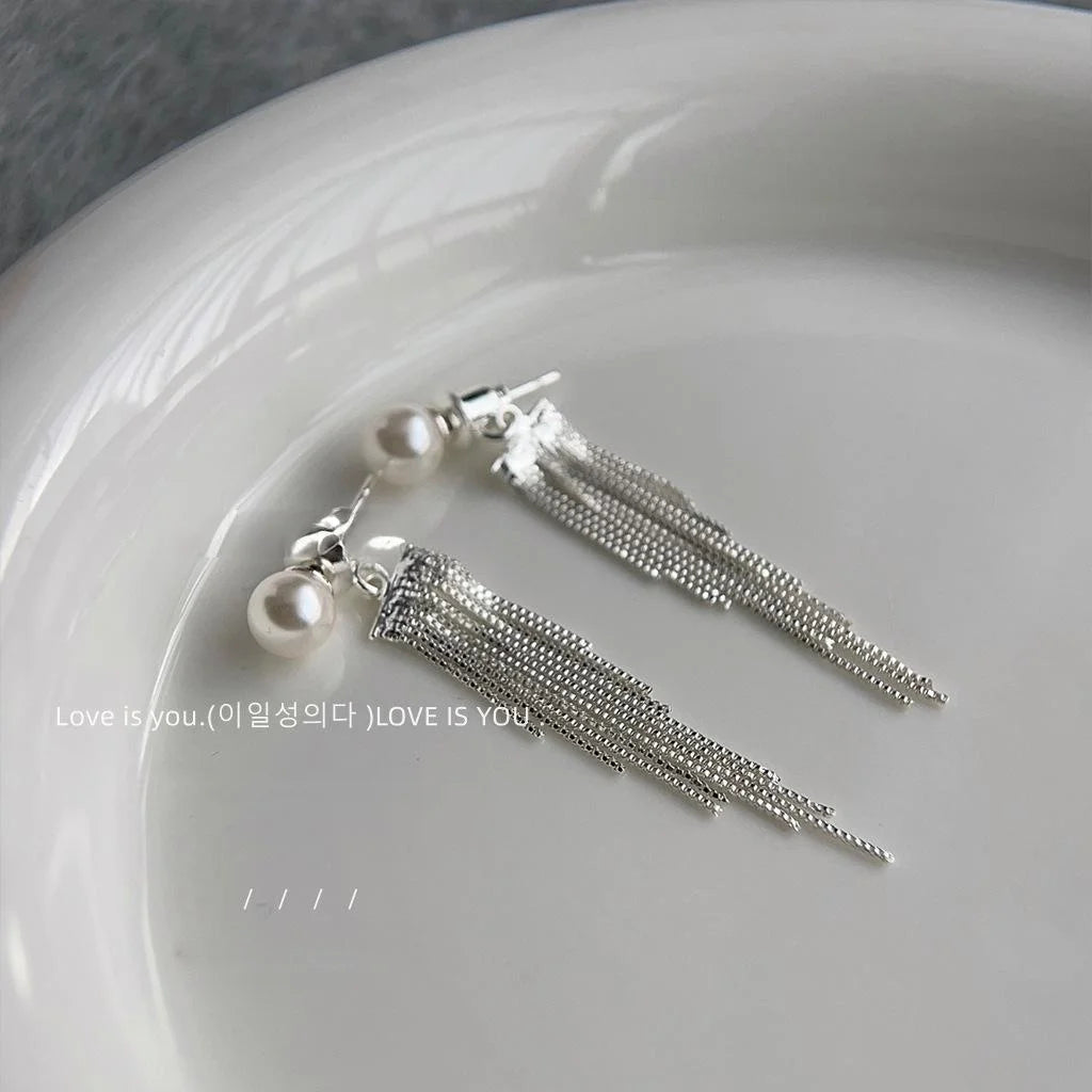 Convertible Light Luxury Silver Geometric Tassel Drop Earrings With Glass Pearls And Copper Alloy
