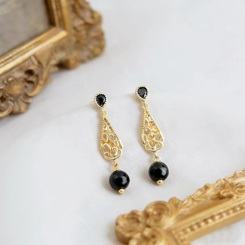 Vintage Floral Teardrop Tassel Drop Earrings With Copper, Black Agate, Zircon