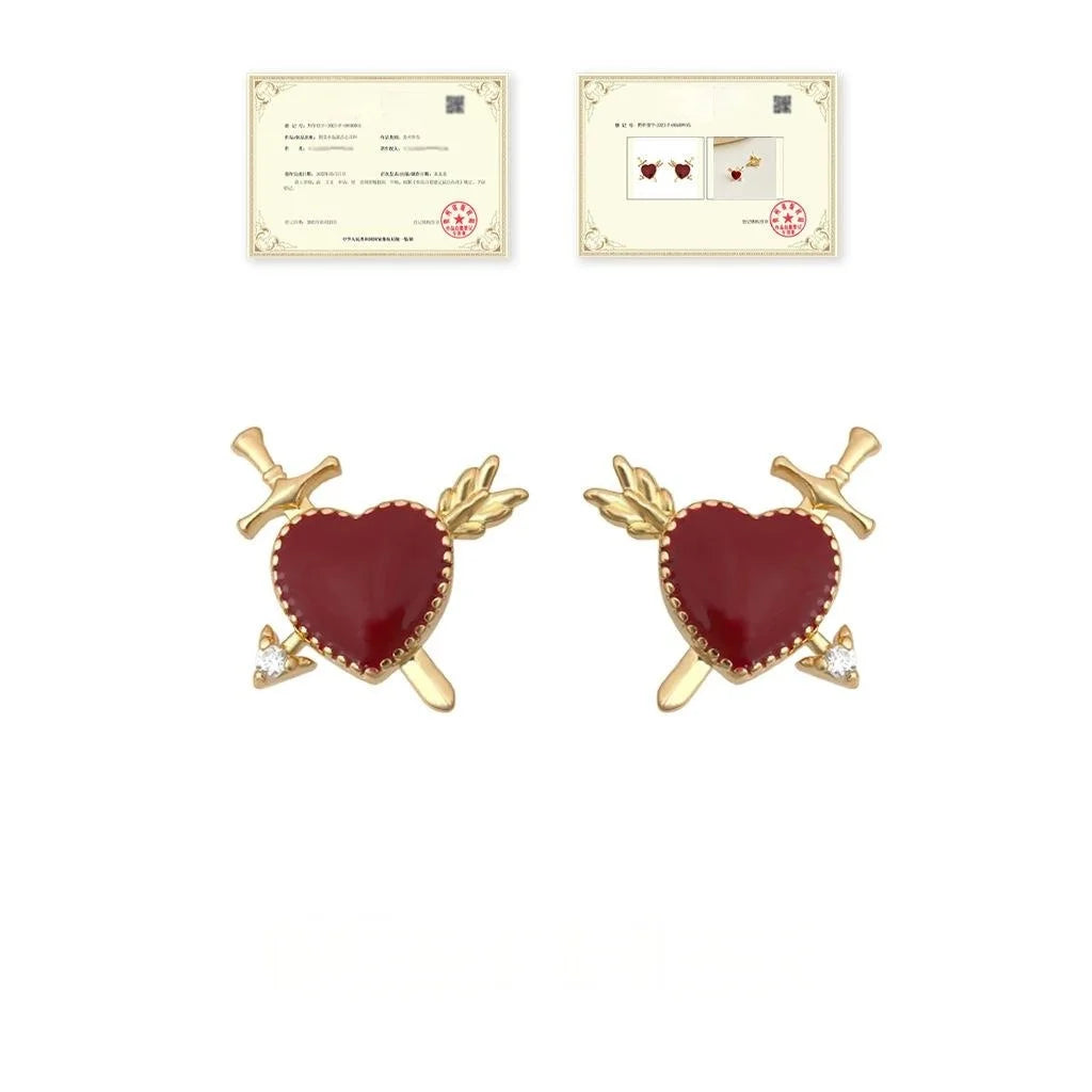 Original Design 18K Gold Plated Copper Heart Arrow Enamel Burgundy Stud Earrings