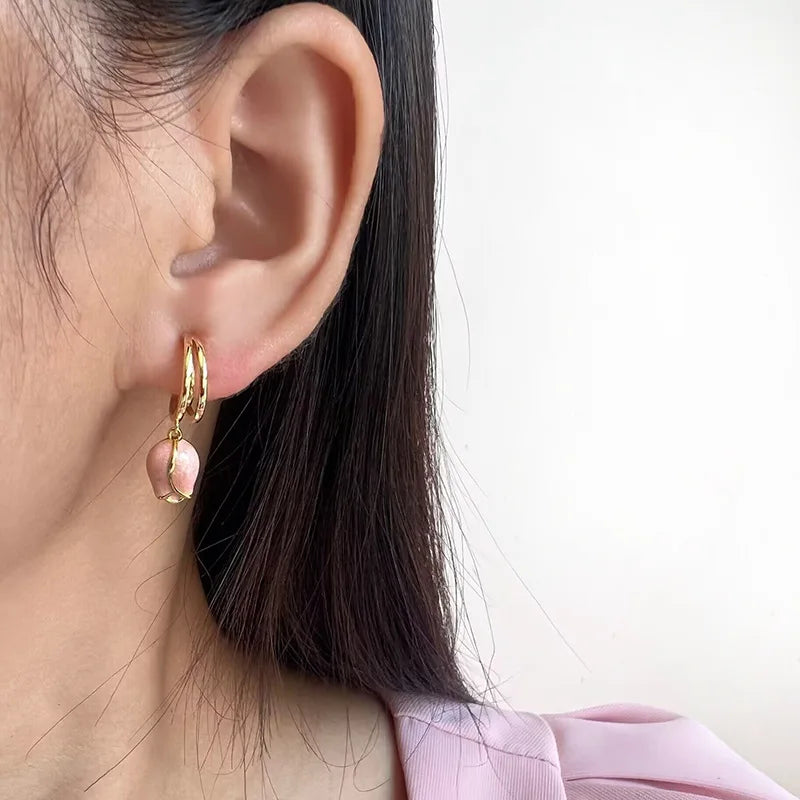 Elegant Pink Enamel Rose Flower Alloy Drop Stud & Clip On No Piercing Spiral Disc Dangle Earrings