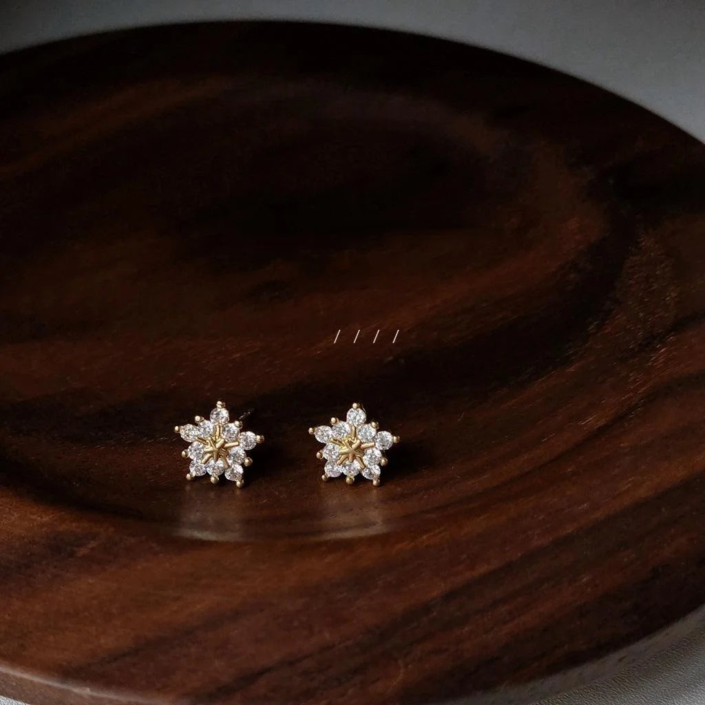 Sweet Snowflake Zircon Stud Earrings 14K Plated Copper Women Jewelry
