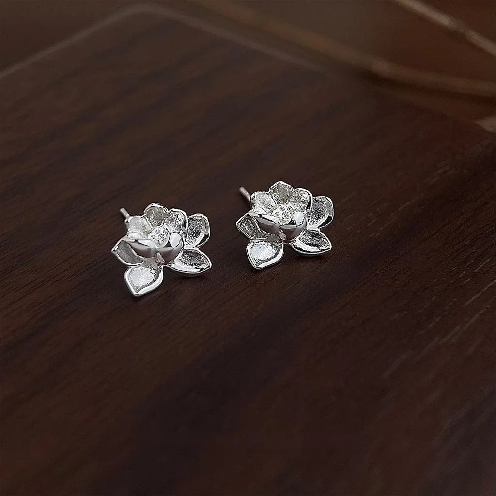 Silver Plated Copper Lotus Flower Stud Earrings Sweet Minimalist Commuter Jewelry
