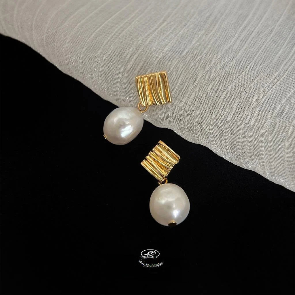 14K Gold Plated Copper Baroque Freshwater Pearl Geometric Drop Earrings Handmade Wrinkle Design