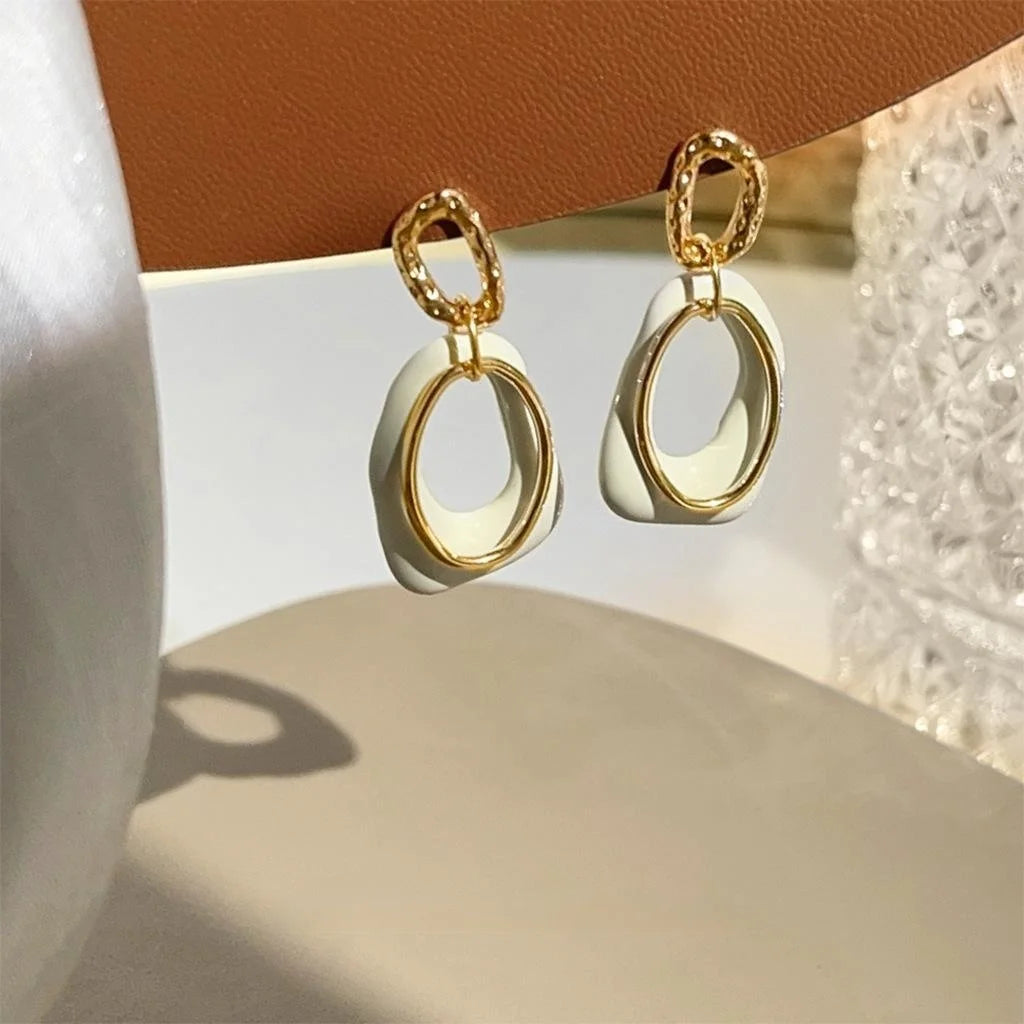 14K Gold Plated Copper Geometric Overlap Milky White Enamel Drop Earrings For Women