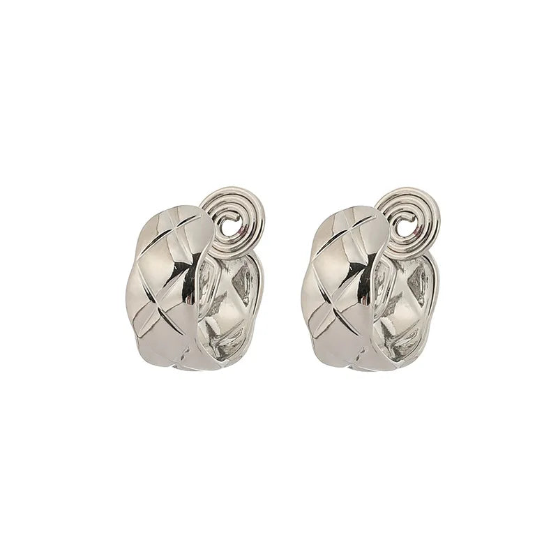 Elegant Silver Alloy Quilted Swirl Hoop Stud & Clip On No Piercing Huggie Statement Earrings