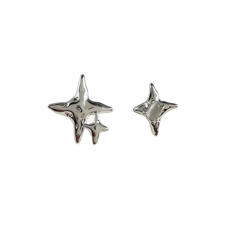 Sweet Cool Asymmetric Glass Cat Eye Five Point Star Copper Stud Earrings With Silver Plated Posts