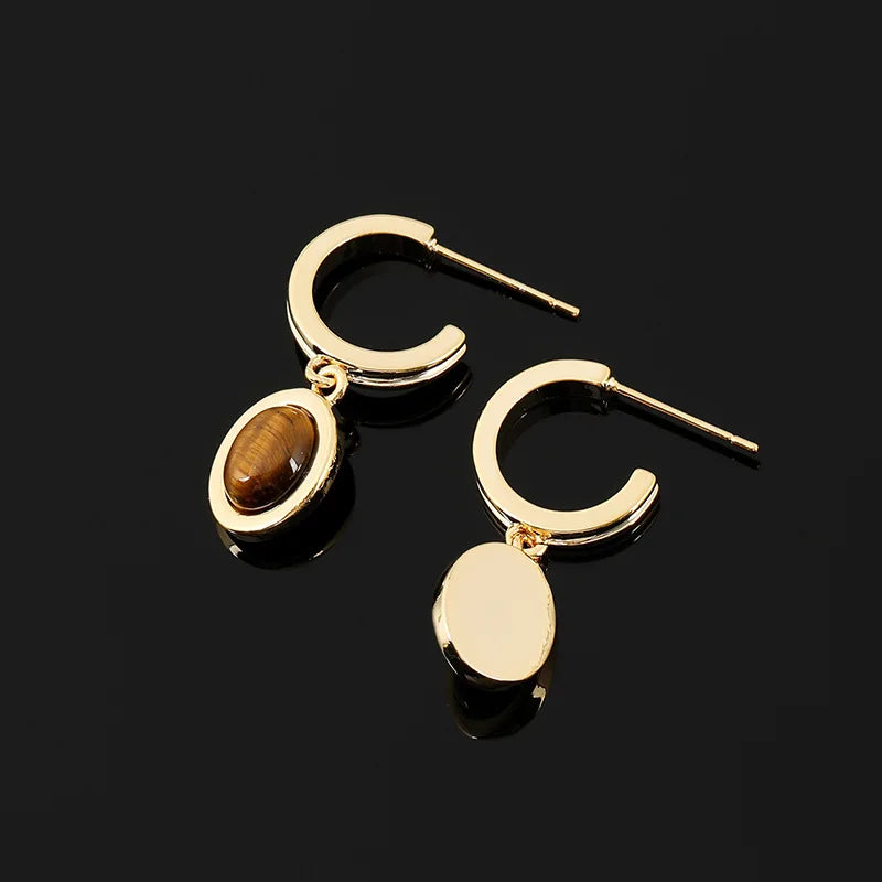 Vintage Gold Alloy Spiral Tiger Eye Oval Drop Stud & Clip On No Piercing Brown Dangle Earrings
