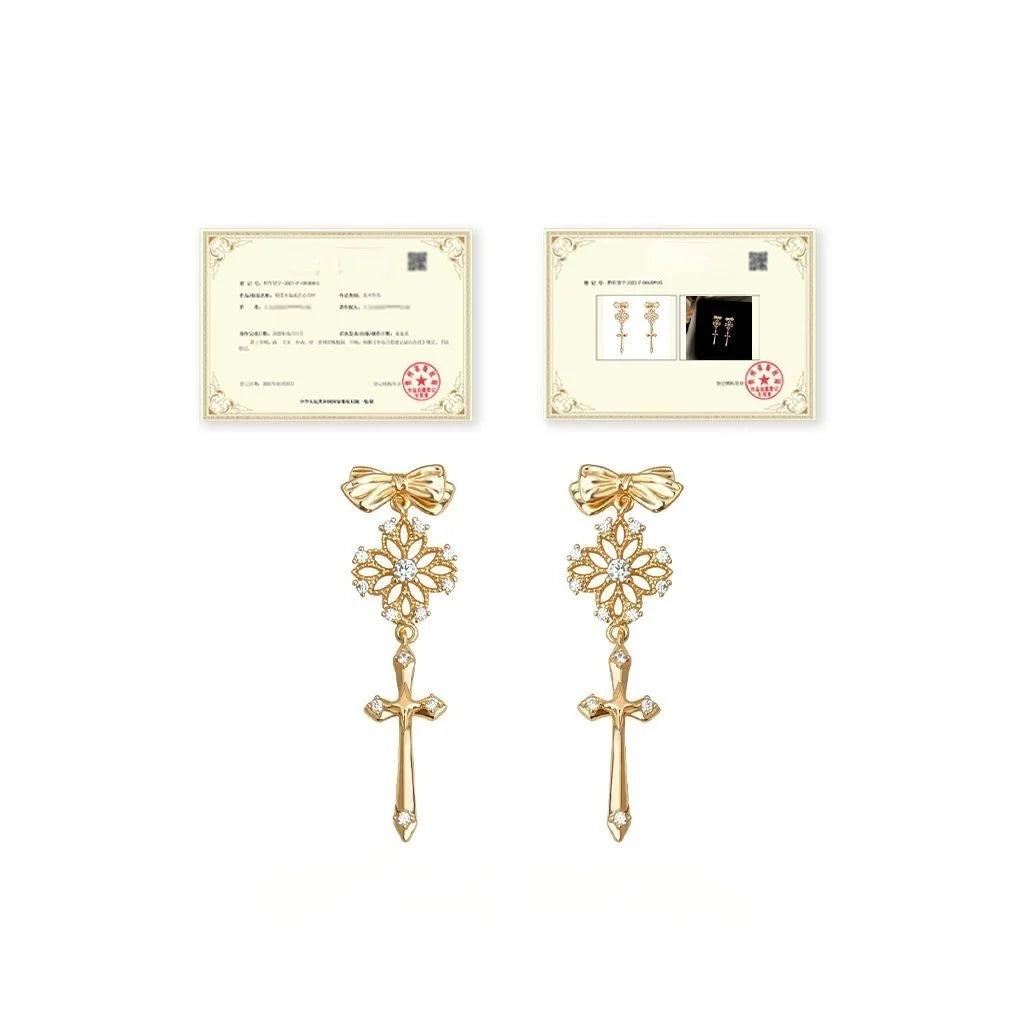 14K Plated Copper Hollow Lace Cross Bow Drop Earrings Old Money Floral Designer Jewelry