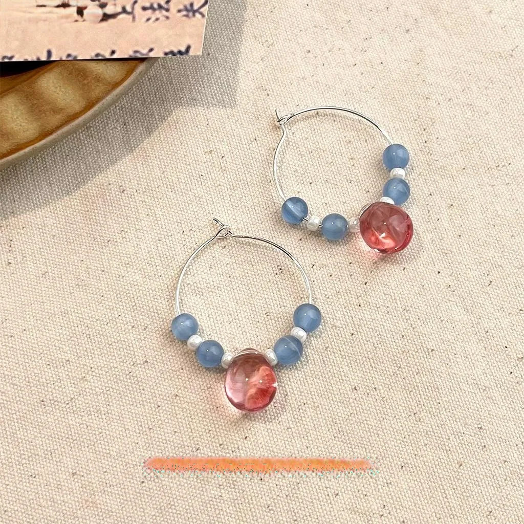 Blue Ocean Glass Glaze Cat Eye Stone Round Geometric Sweet Vacation Drop Earrings