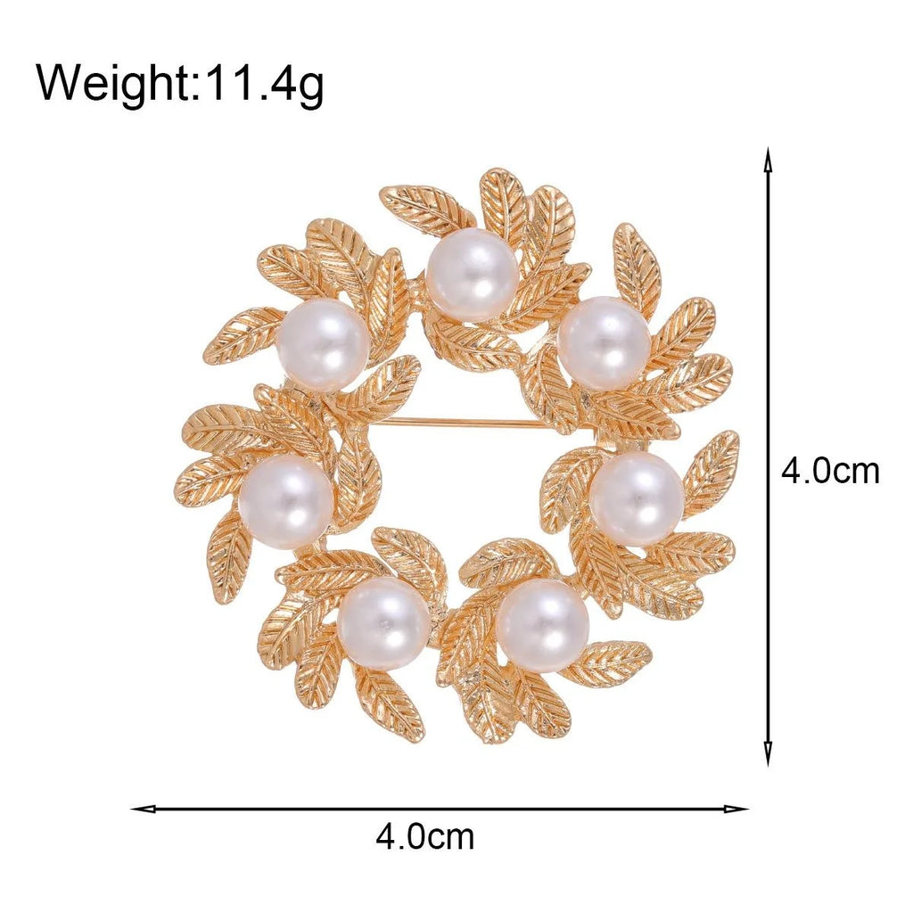Elegant Gold Alloy Leaf Wreath Brooch With Faux Pearl Accents, Women's Lapel Pin Suit Accessory Gift